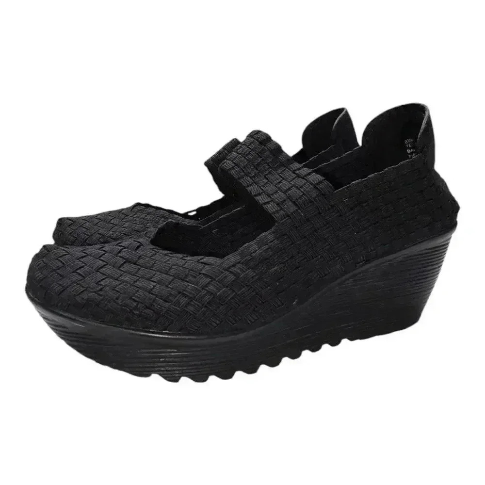 White Mtn. *READ* Black Woven Mary Jane Wedge Heels Size 8.5 Weave Slip-on